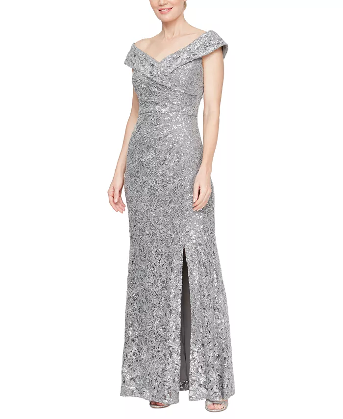 

Женское кружевное платье с пайетками Off-The-Shoulder Alex Evenings, серебряный