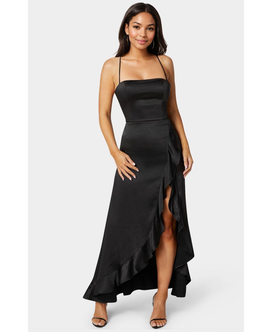 

Женское атласное макси-платье с оборками и шнуровкой на спине Bebe, Black