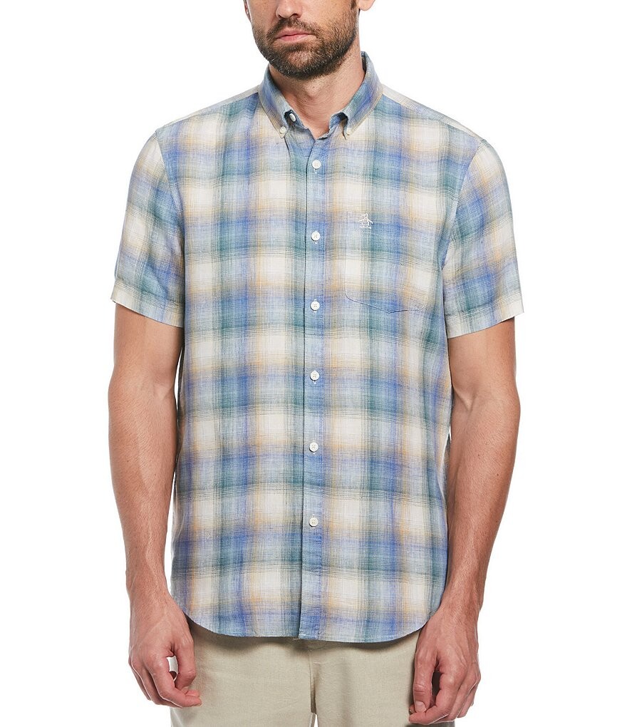 

Льняная рубашка в клетку Original Penguin Delave с короткими рукавами, синий