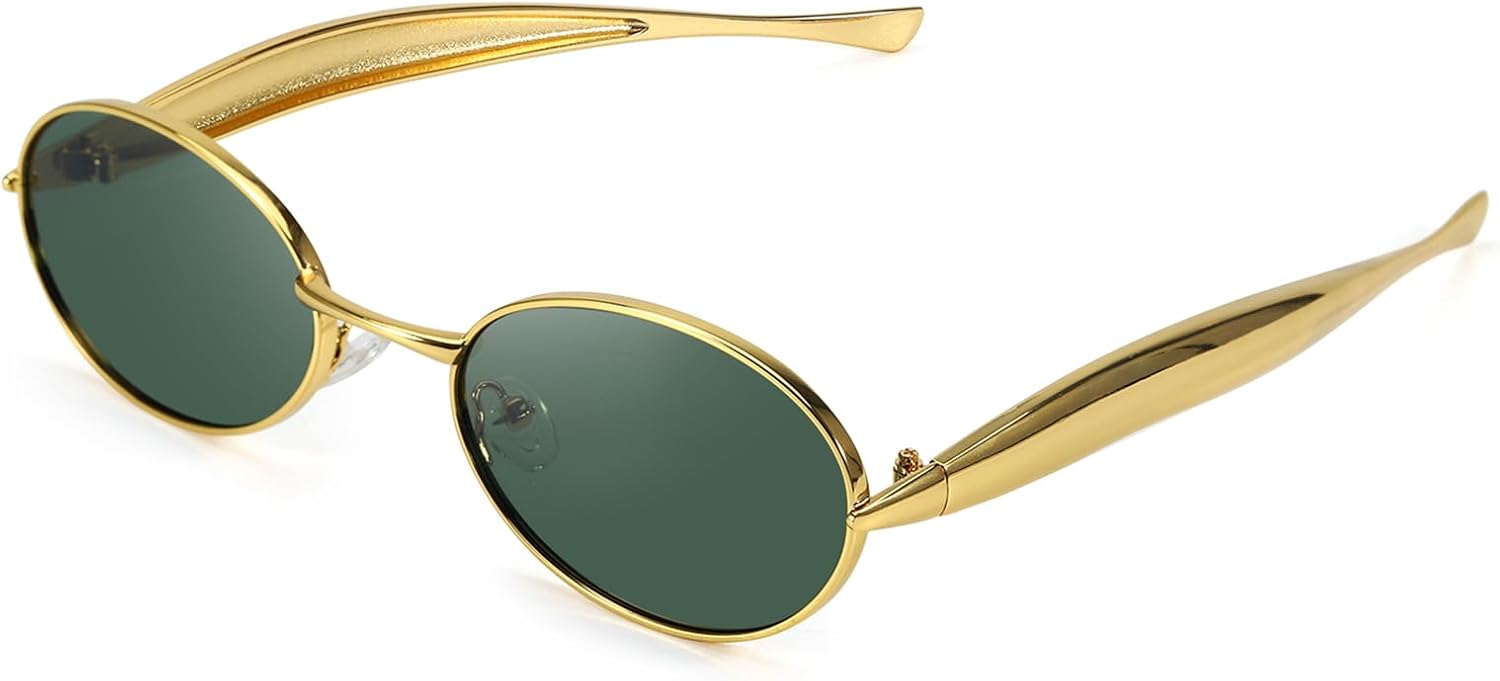 

Солнцезащитные очки SODQW Retro Oval для женщин, винтажные круглые солнцезащитные очки с золотистыми металлическими дужками, защита UV400, цвет 2025 мм, A02- Gold/Green