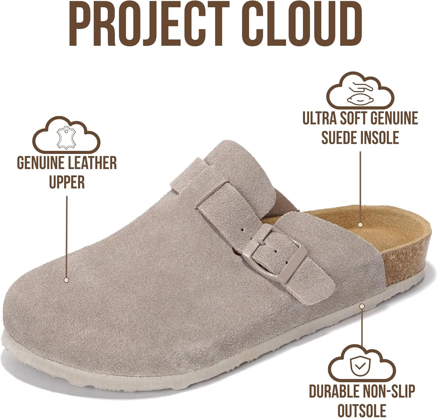 Мужские сабо Project Cloud - 100% натуральная кожа высшего качества, сабо с эффектом памяти, поддержка свода стопы, пробковая стелька, нескользящая платформа (Бруклин), Grey Mono Suede — фото 3