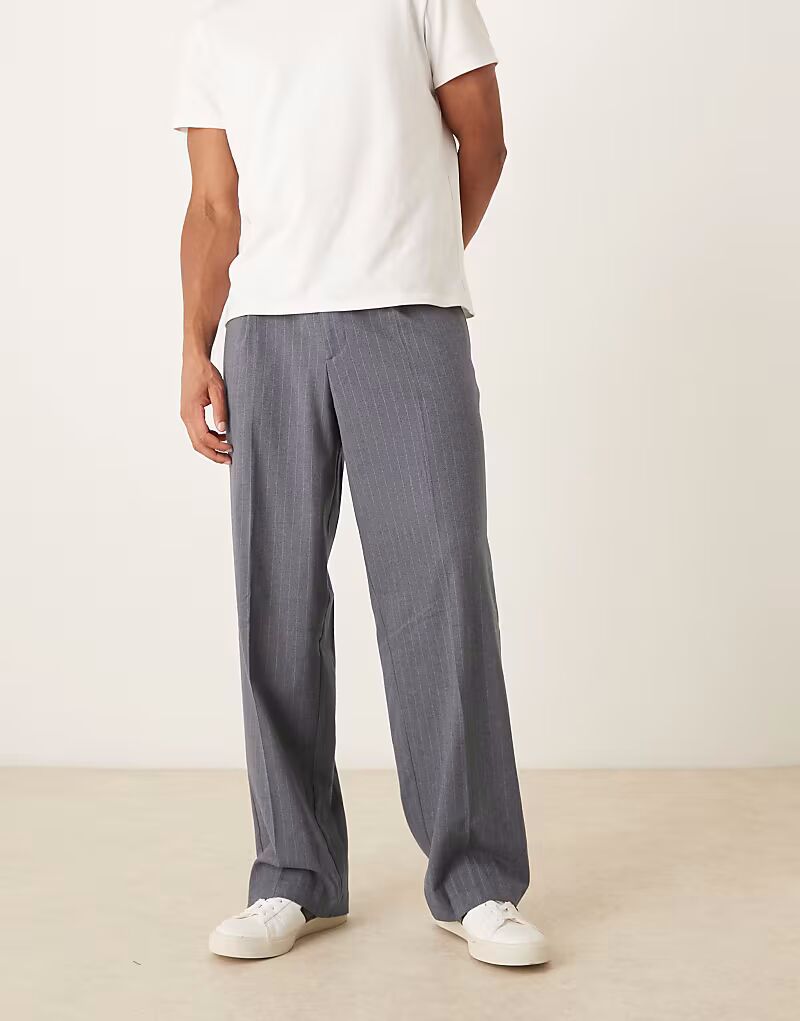 

Широкие фланелевые брюки темно-синего цвета в тонкую полоску с эластичной талией Asos Design