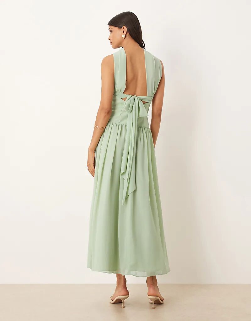 

Платье миди ASOS DESIGN с завязкой на спине и заниженной талией, шалфейно-зеленого цвета