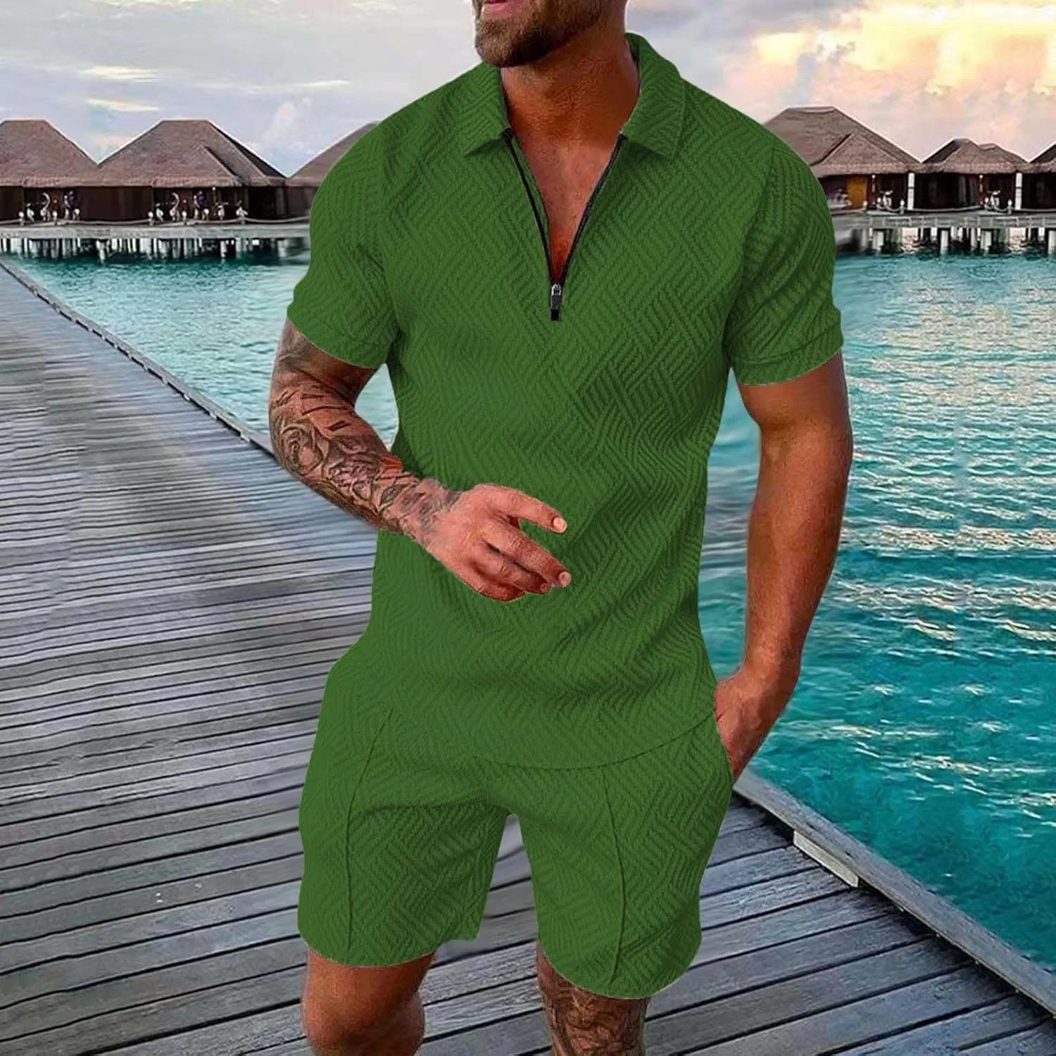 Мужской спортивный костюм с поло и шортами, полоска, Army Green — фото 2