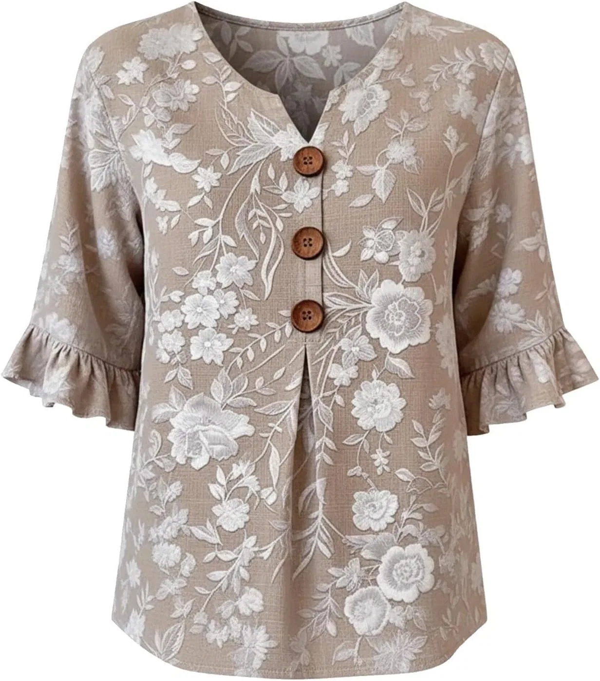 Блуза женская с V-образным вырезом, Linen, цвет Khaki — фото 4