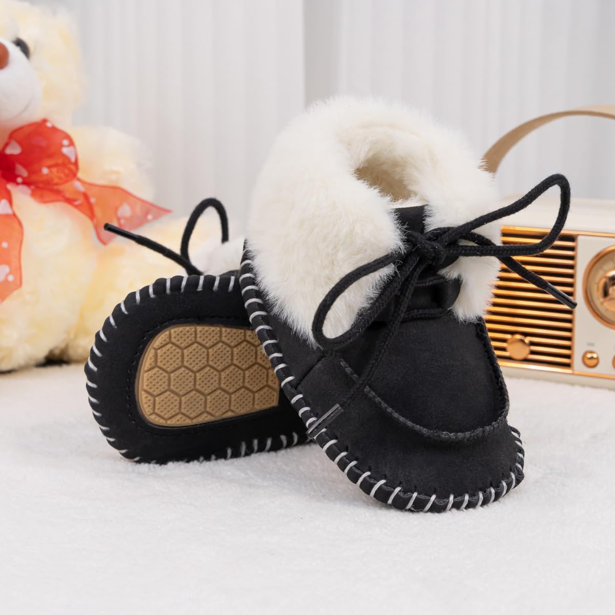 HsdsBebe Детские ботиночки на щиколотку для мальчиков и девочек, флисовые пинетки с противоскользящей резиновой подошвой, кроссовки для малышей, обувь для новорожденных для ходьбы и сна, C3421/Black — фото 3