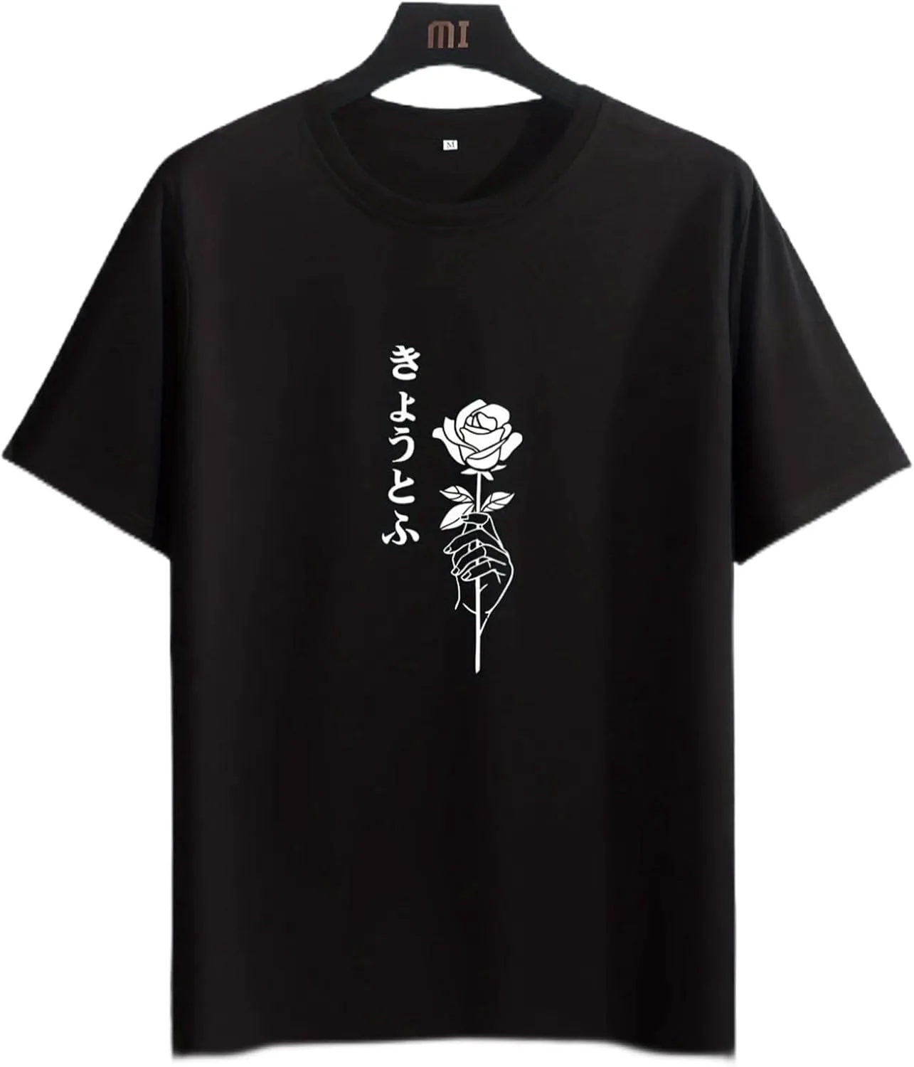 

Мужская хлопковая классическая черная футболка с элегантной белой розой и японским текстом NEKO MENA