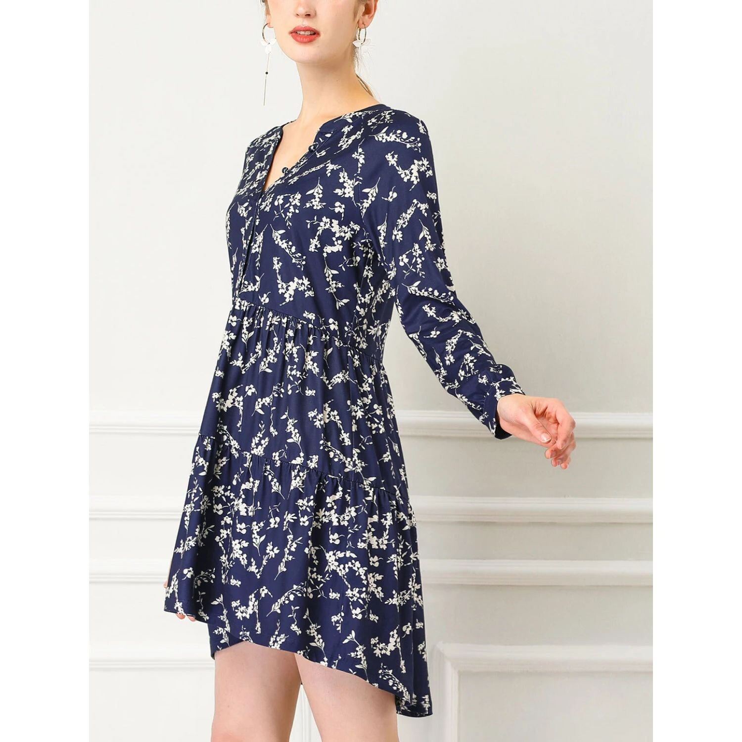 

Женское платье с V-образным вырезом и длинными рукавами, затянутой талией и половиной планки с цветочным принтом ALLEGRA K, Серый, Женское платье с V-образным вырезом и длинными рукавами, затянутой талией и половиной планки с цветочным принтом ALLEGRA K