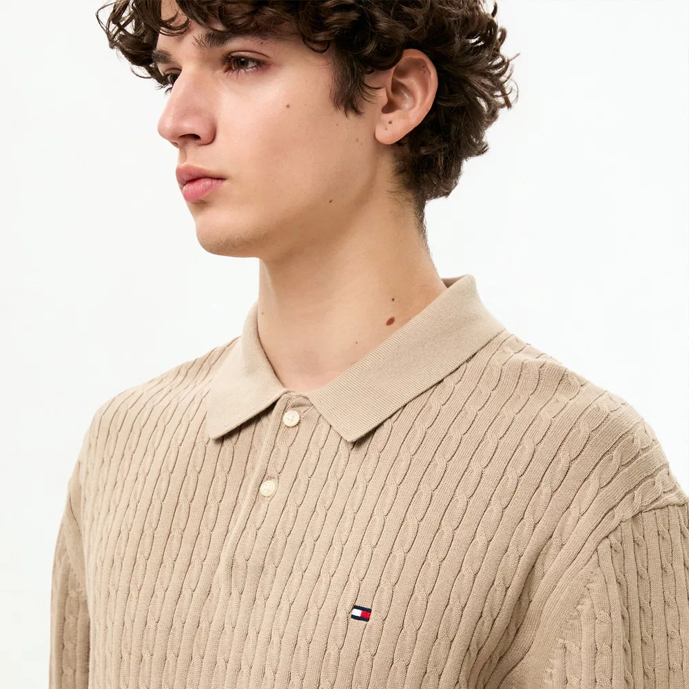 Мужской вязаный свитер-поло с косами, бежевый, от Tommy Hilfiger — фото 4