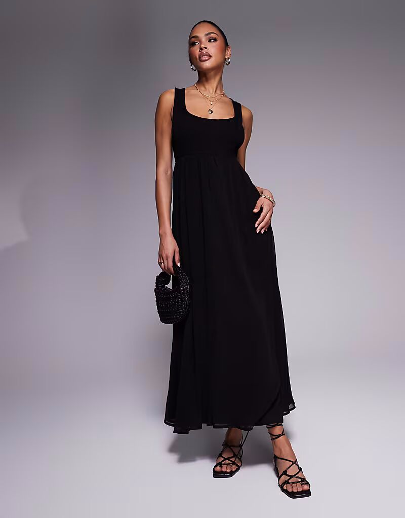 

Платье макси ASOS DESIGN с микро-рубчиком на груди и шифоновой юбкой черного цвета