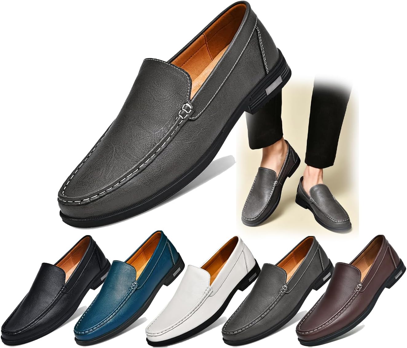 

Стильные мужские слипоны из натуральной кожи, комфортные дышащие лоферы для работы, вождения, офиса и повседневной носки - мягкая подошва, круглый носок, низкий каблук, роскошный дизайн Generic, серый