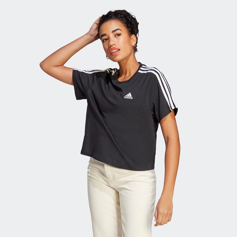 

Женская футболка Essentials, укороченный топ с 3 полосками Adidas, черный