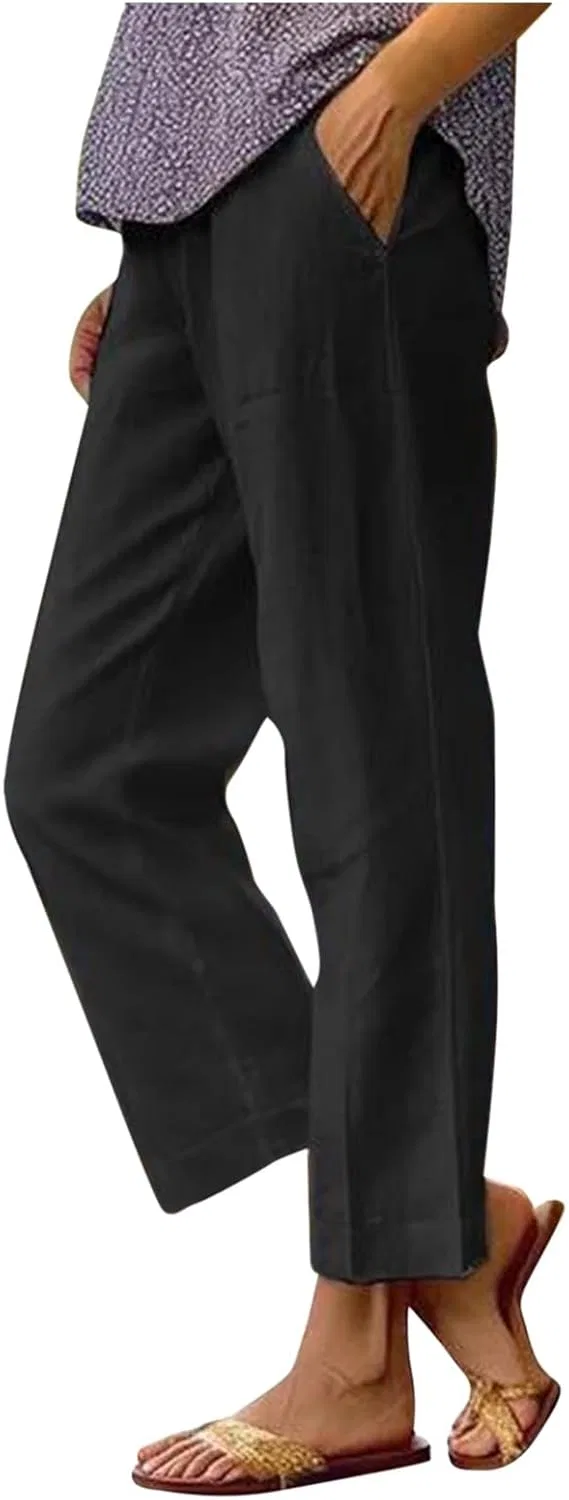Брюки из льна и хлопка с эластичным поясом, прямые, 5-black