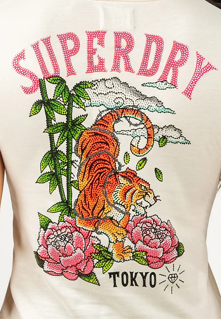 Футболка с принтом, облегающая, Tattoo Rhinestone Superdry, белый — фото 3