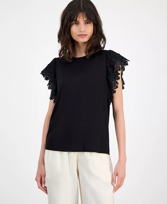 

Женская футболка с кружевной отделкой и короткими рукавами T Tahari, черный