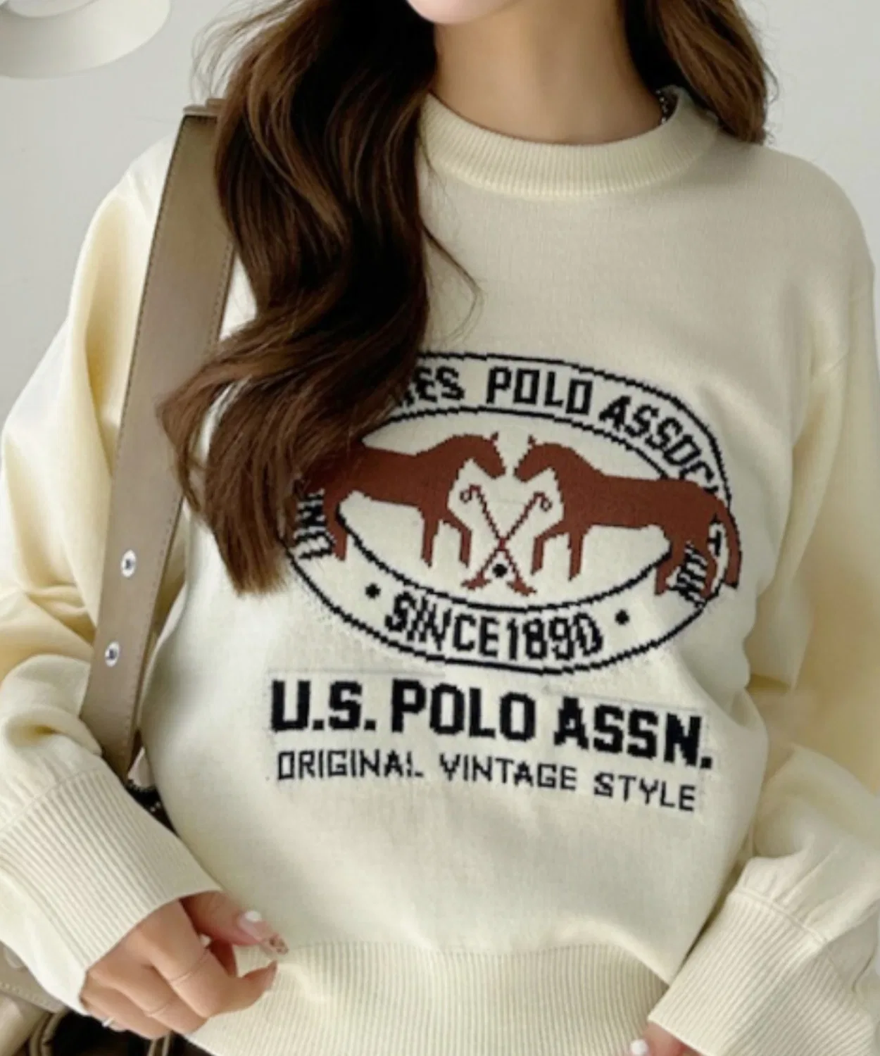 Джемпер U.S. POLO ASSN с жаккардовым логотипом, объемный рукав, слоновая кость