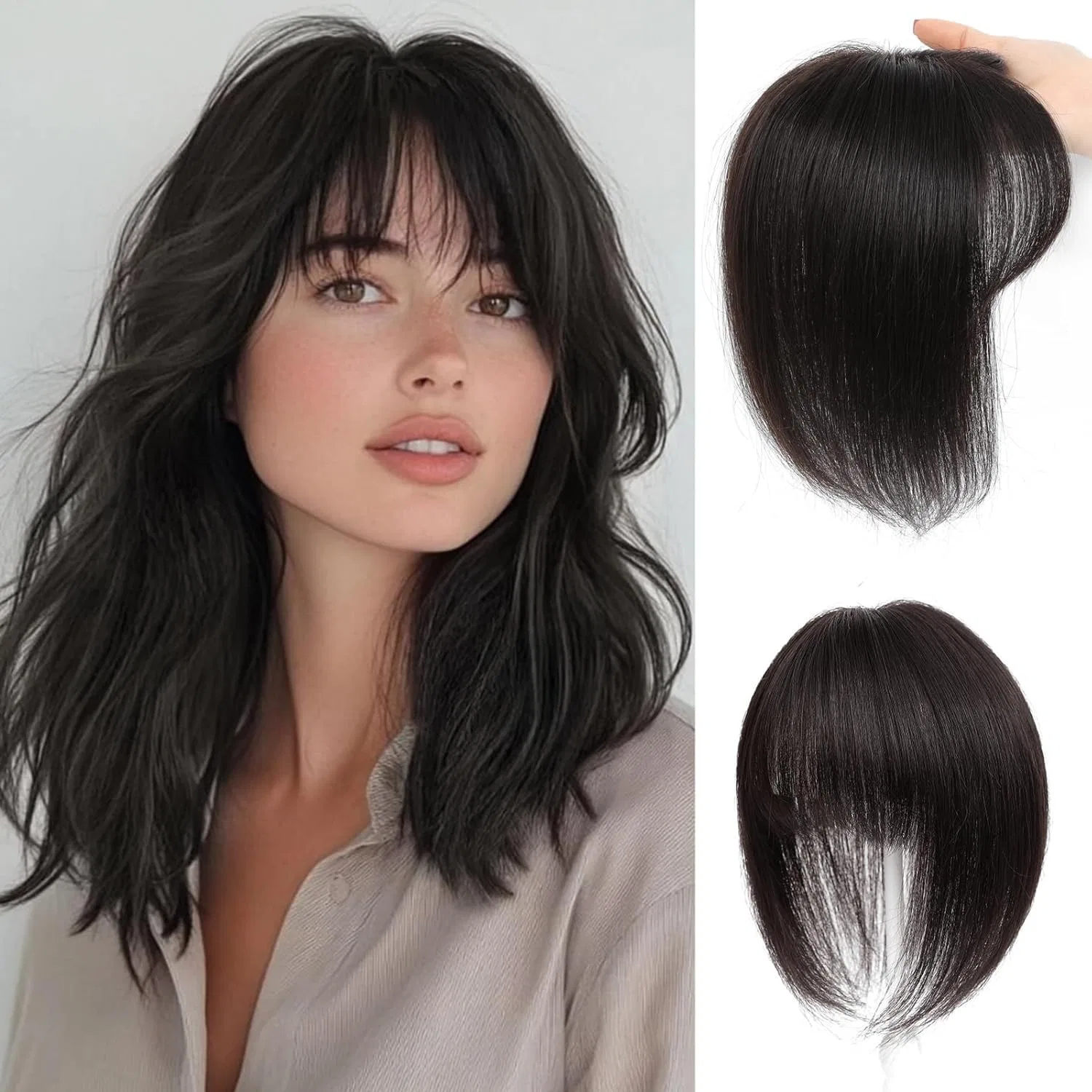 Накладка для волос из натуральных волос с челкой «360° 3D» от Sapphirewigs, 30 см Ohobloom Hair, Natural Black