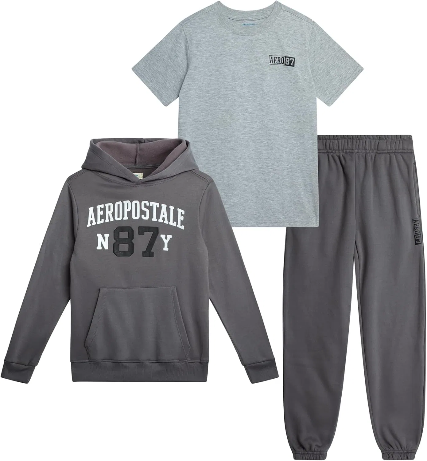 Детский спортивный костюм AEROPOSTALE, 3 предмета: флисовая худи, футболка с принтом, джоггеры, Castlerock Grey