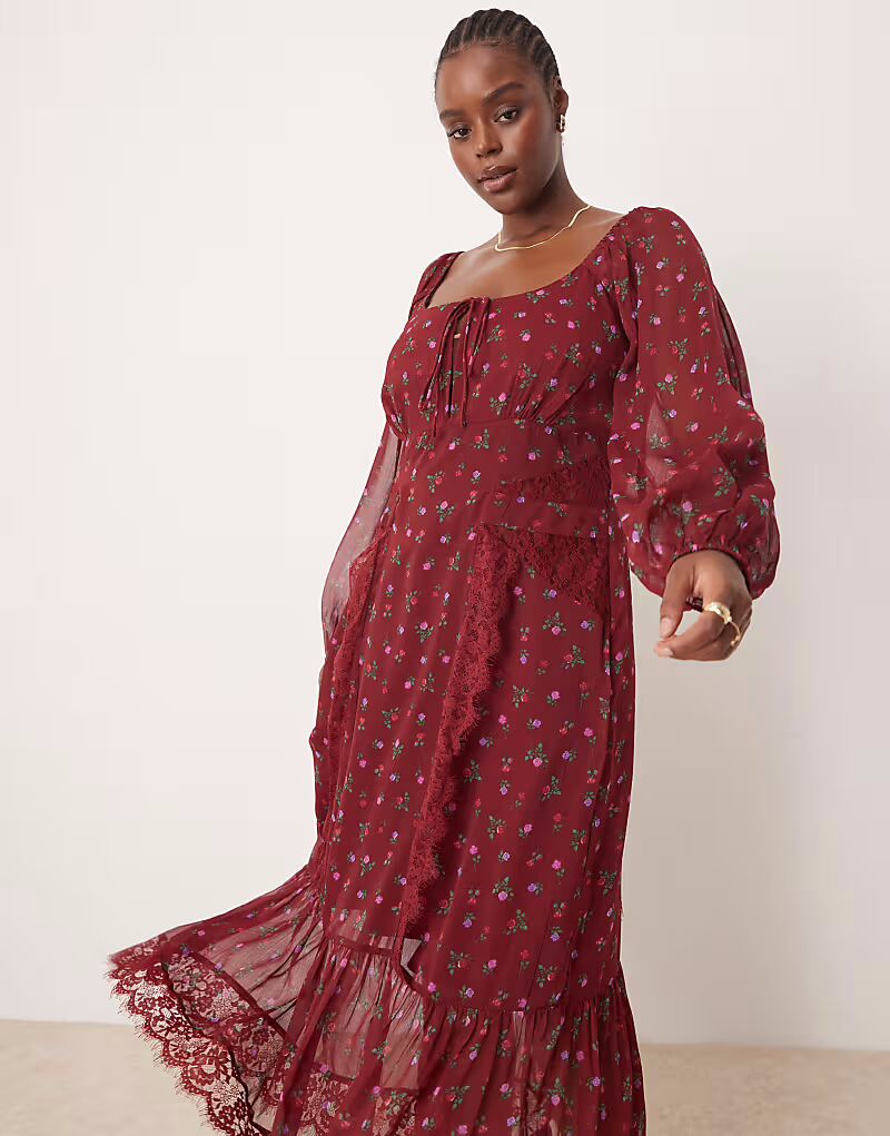 

Платье миди ASOS DESIGN Curve с длинными рукавами, завязками спереди и кружевными вставками с нежным цветочным принтом ASOS Curve