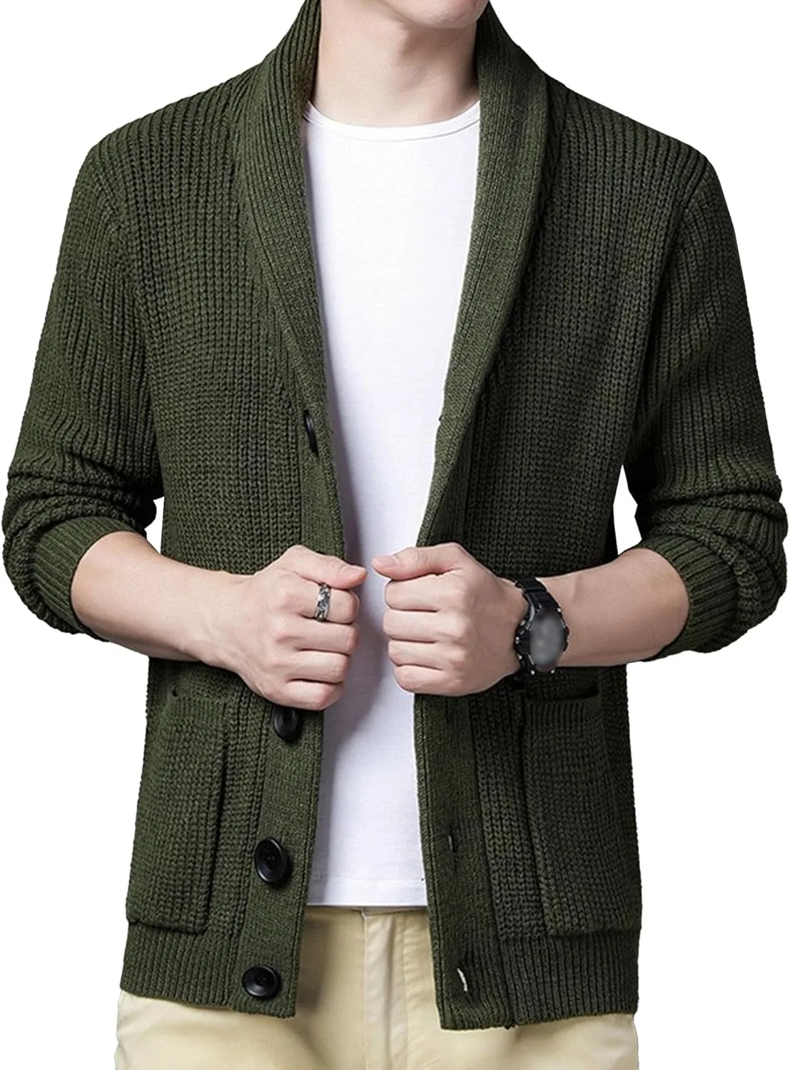 Мужской кардиган с воротником шаль, slim fit, кабельная вязка, с карманами