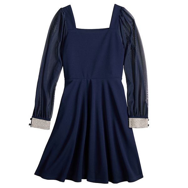 

Детское платье с сетчатыми рукавами из крепа и ткани scuba, размеры 7-16, regular и plus Speechless, Navy