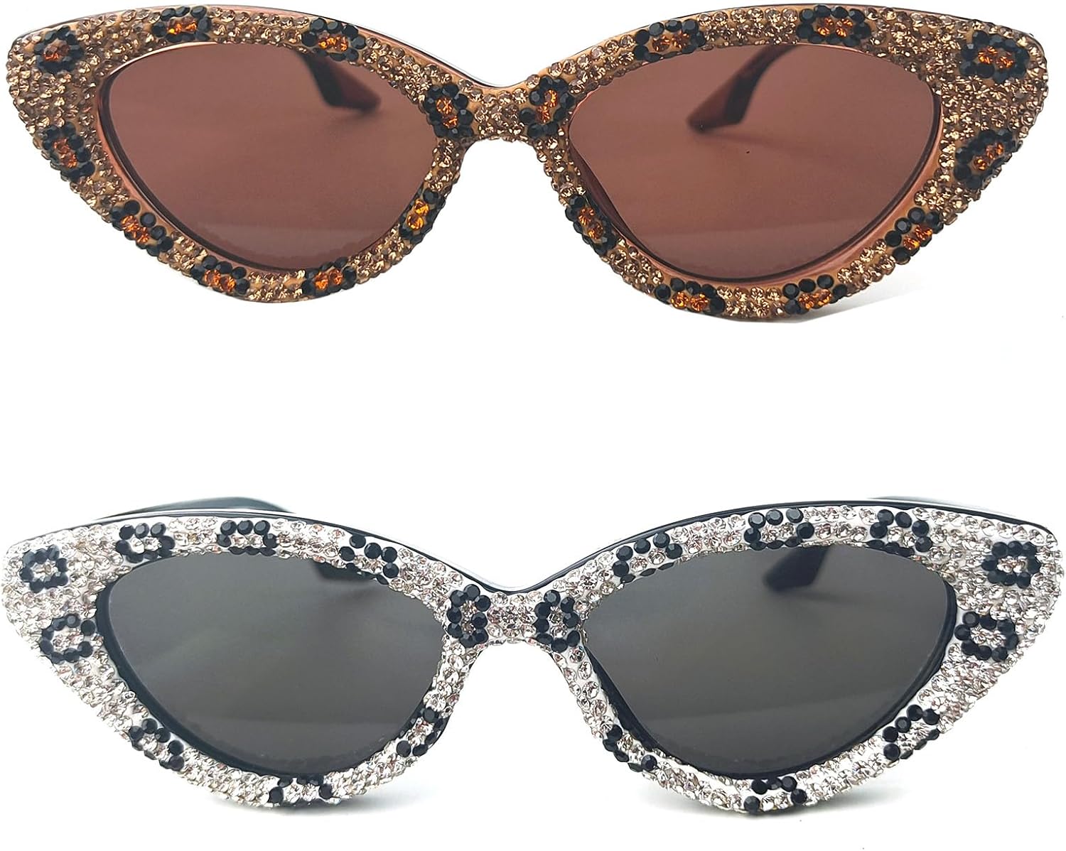 

Солнцезащитные очки Willochra с блестящими стразами, женские, «кошачий глаз», бриллиантовые, модные, квадратные, для вечеринок, с защитой от ультрафиолета UV400, 2pcs-black White&leopard