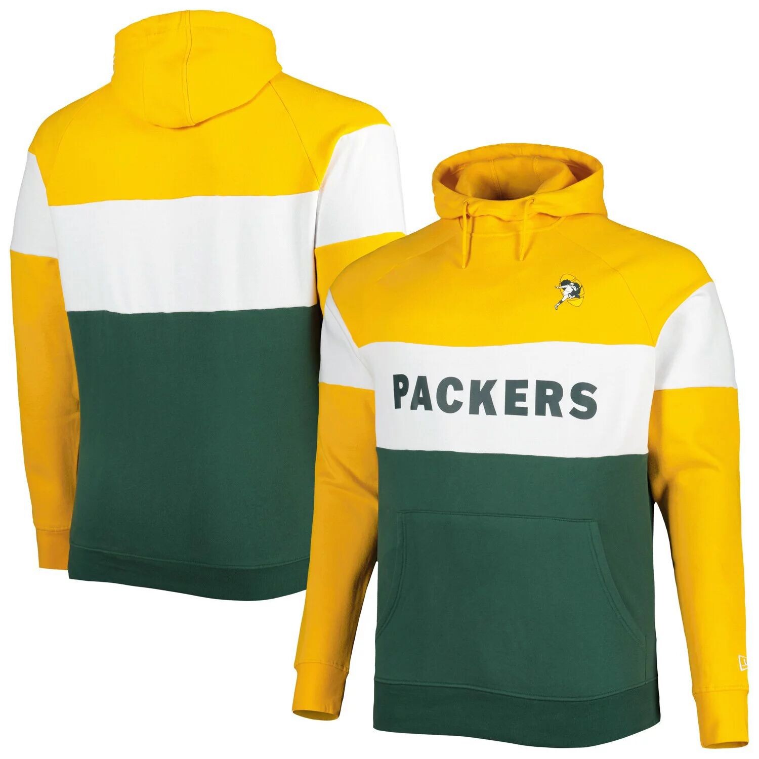 

Мужской зеленый флисовый пуловер с капюшоном и реглан Green Bay Packers Big & Tall Throwback с цветными блоками New Era