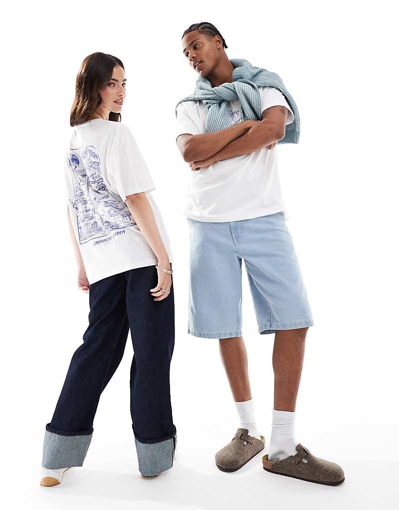 

Белая футболка оверсайз Jack & Jones с принтом японских садов на спине