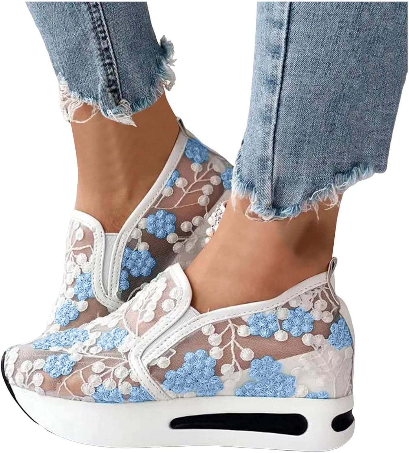 Женские кроссовки на платформе Wedge, модные с цветочной вышивкой, сетчатые, удобные, с массивной подошвой, скрытыми высокими каблуками, на слипон, повседневные и нарядные, дышащие, для ходьбы с поддержкой свода стопы Mmoneyake, синий — фото 3