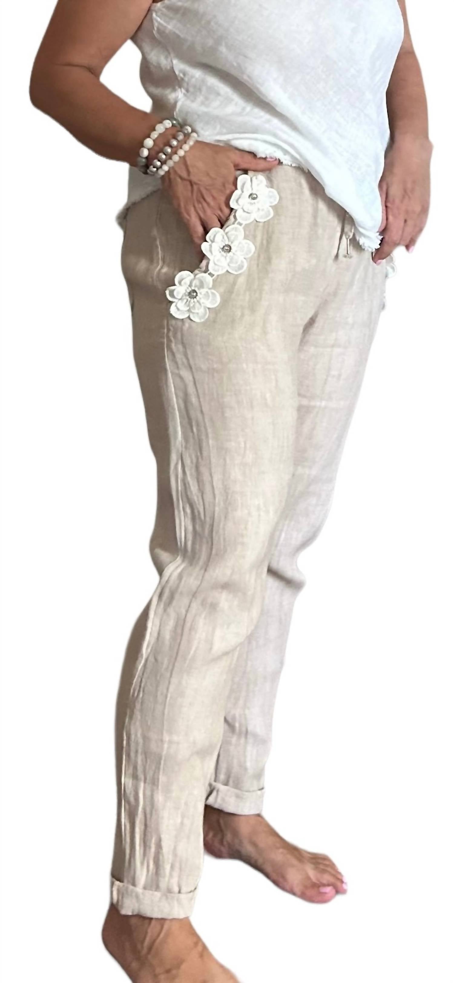 

Цветущие льняные брюки натурального оттенка Made in Italy