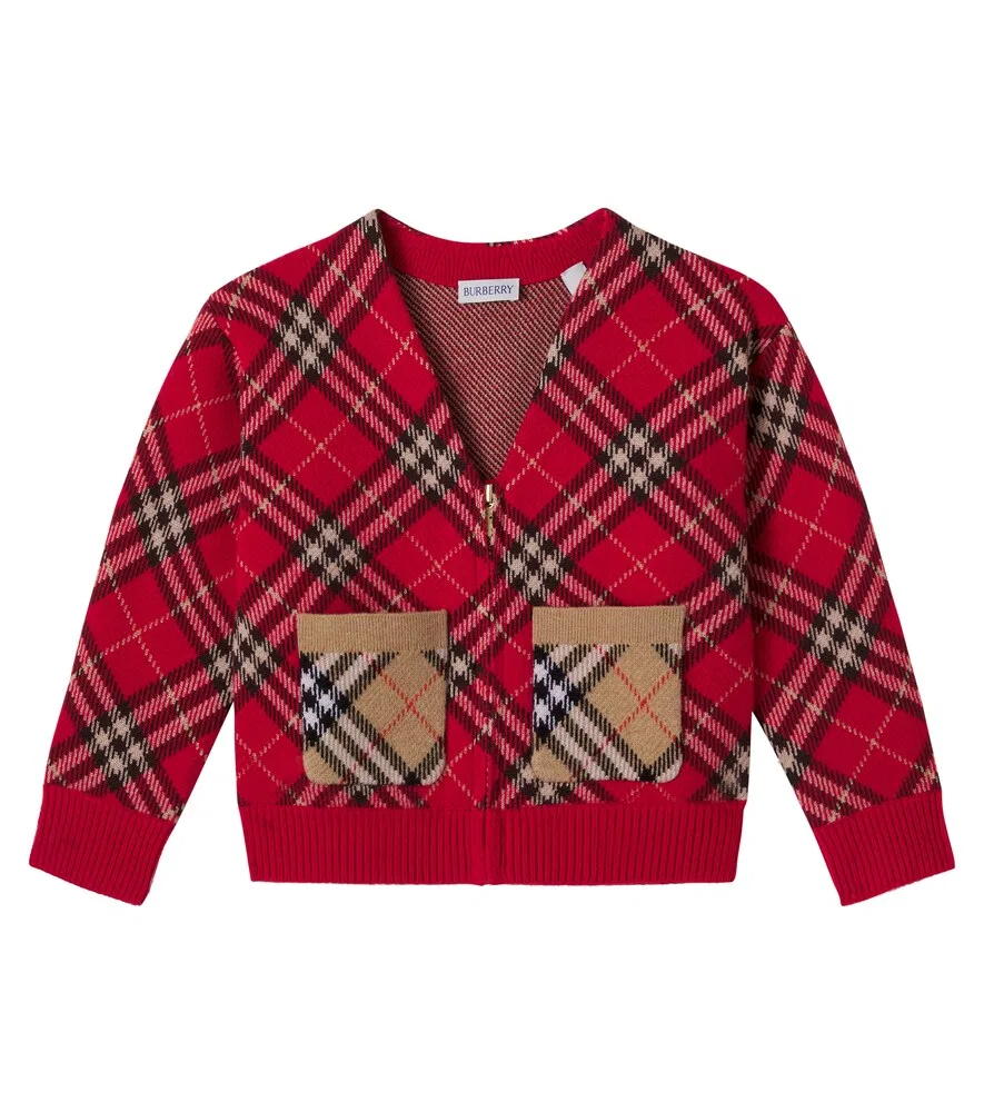 Шерстяной кардиган Burberry в клетку Burberry Kids, красный