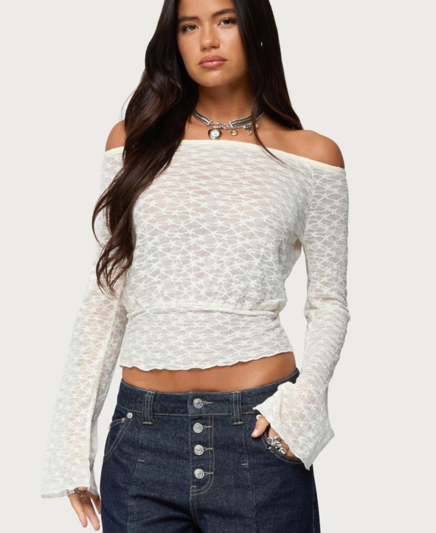 

Женский прозрачный кружевной топ Alef с открытыми плечами Edikted, Cream