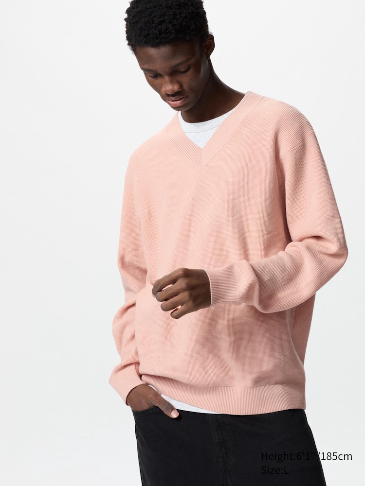 

Джемпер с вафельным узором и V-образным вырезом Uniqlo, цвет 10 розовый