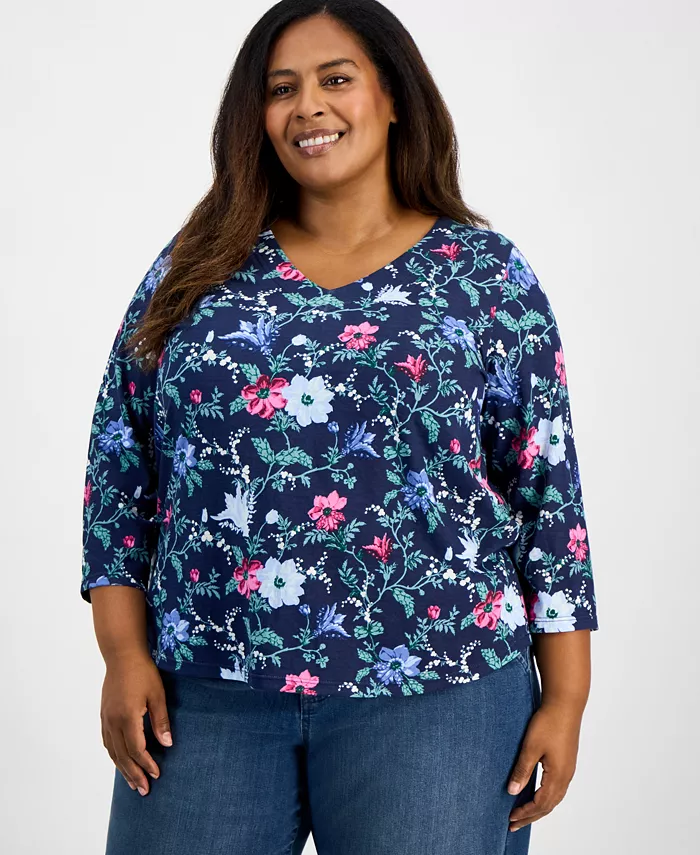 

Топ размера плюс с V-образным вырезом и рукавами 3/4 Style & Co, синий