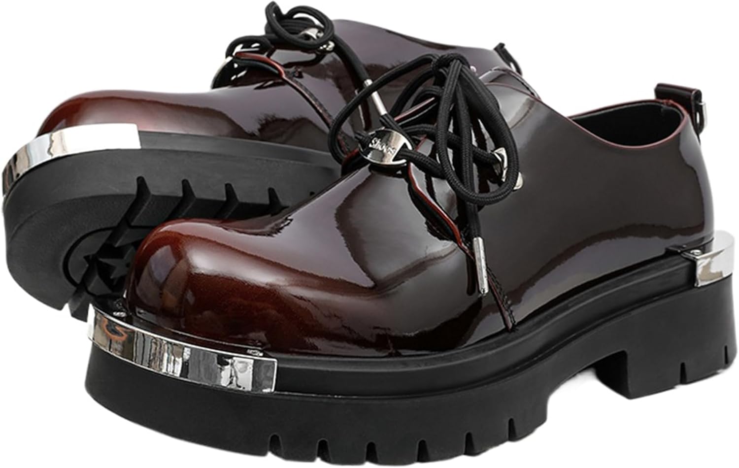 

Мужские оксфорды на платформе из лакированной кожи с градиентной металлической пластиной, широкий круглый носок, шнуровка, противоскользящая рельефная подошва, увеличенная высота, дерби, повседневные и деловые туфли Crazysavage, коричневый