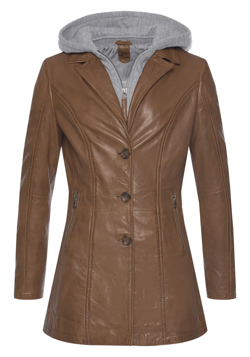 

Кожаная куртка "CLEEO" с капюшоном, стильный, качественный длинный пиджак в образе "два в одном" Gipsy, цвет Cognac