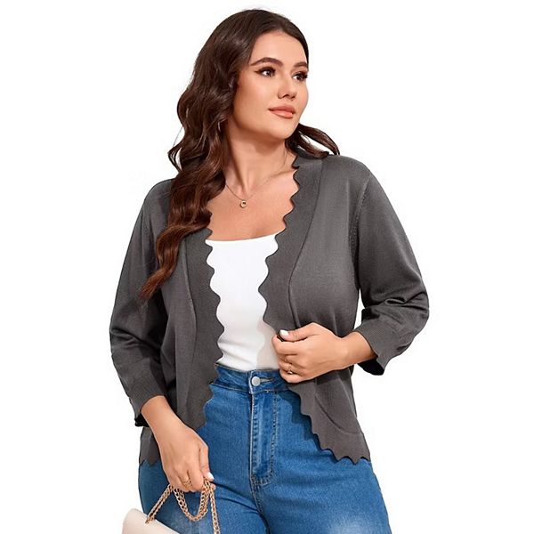 

Женский кардиган с 3/4 рукавом и ажурным подолом Kojooin, Grey