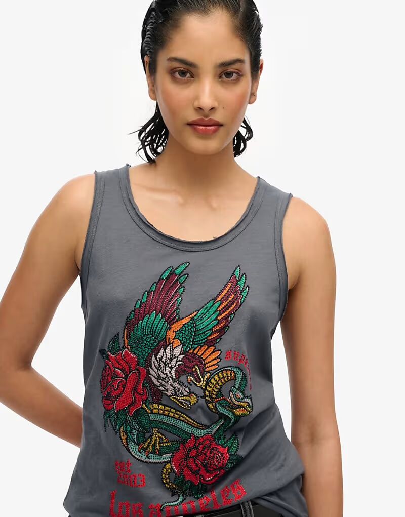 

Майка Superdry Neo Trad Tattoo с круглым вырезом, черная, с эффектом потертости