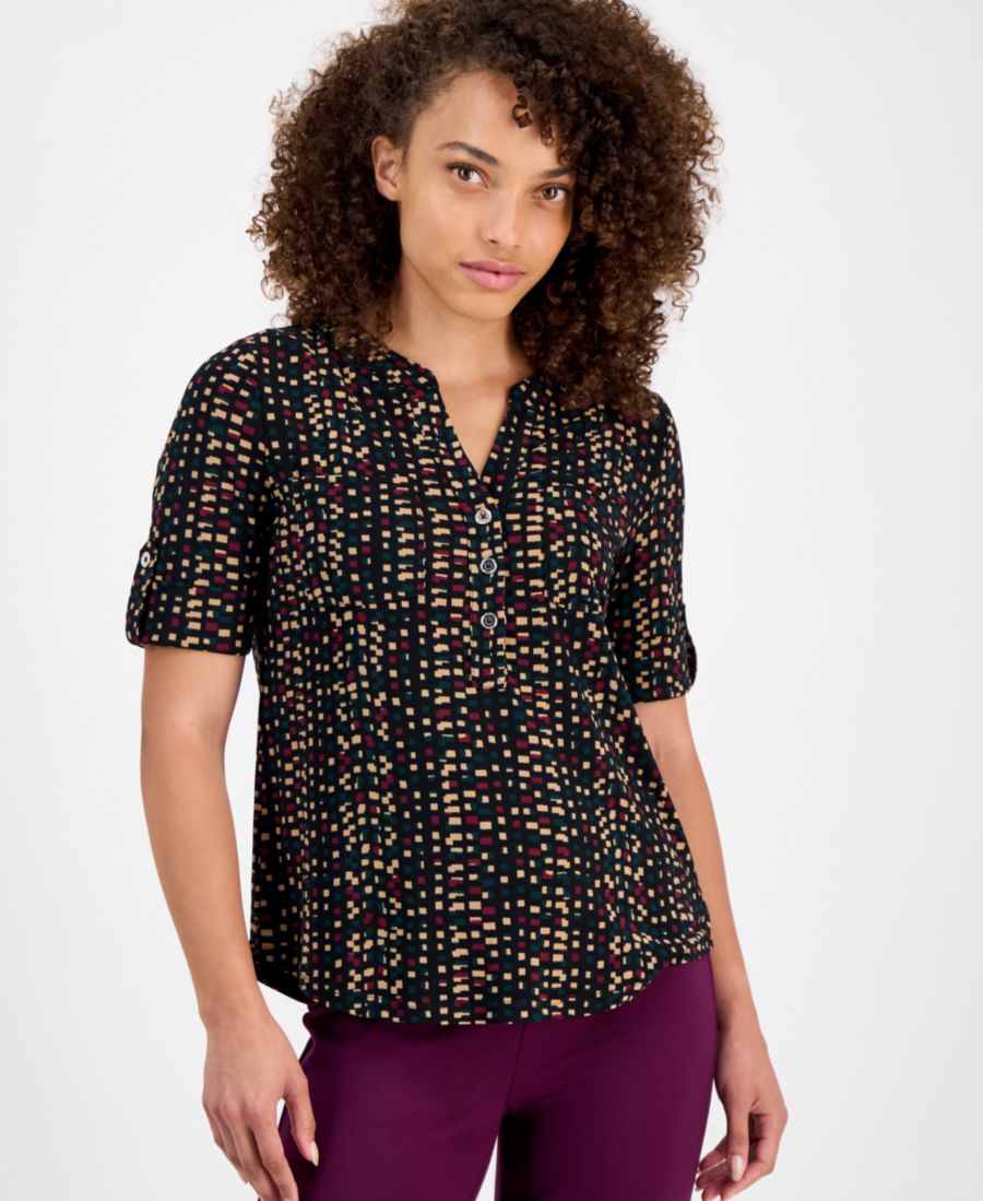 

Укороченная блузка с принтом, закатанными рукавами и застежкой на пуговицы спереди AK Anne Klein, Anne Black/Chianti Multi