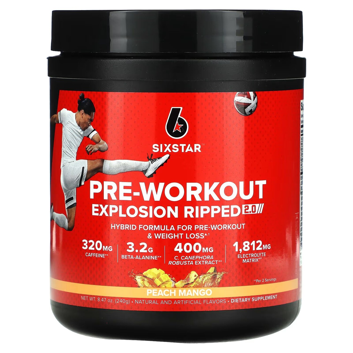 

Pre-Workout Explosion Ripped 2.0, персик и манго, 8,47 унции (240 г) Sixstar