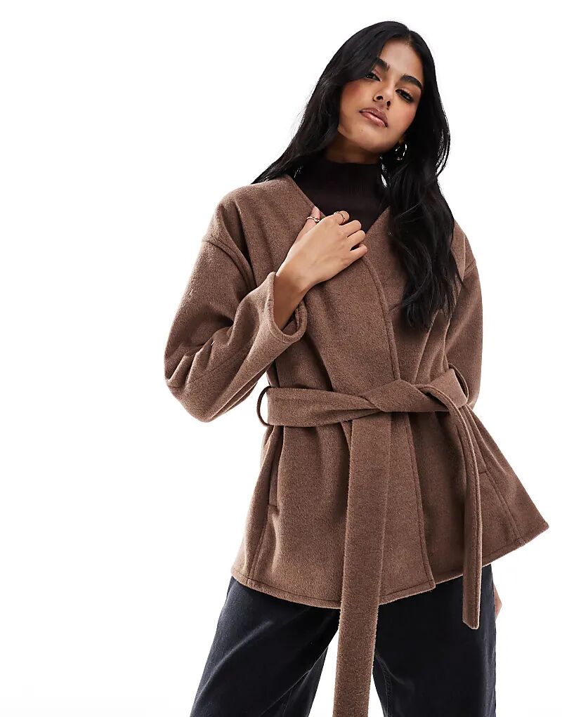 

Формальное пальто без воротника с поясом в грибном цвете ASOS DESIGN