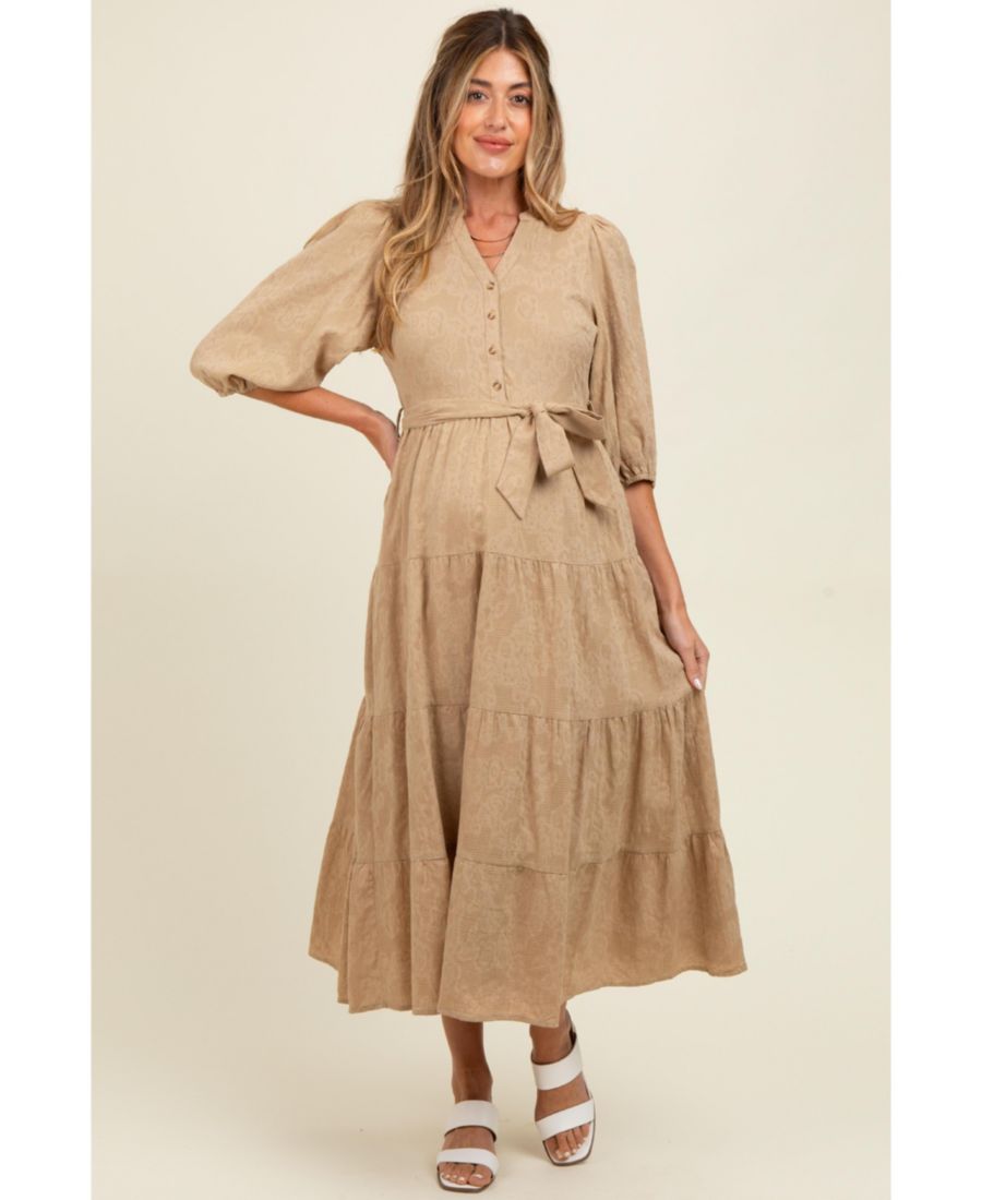 

Платье для беременных бежевого цвета с цветочным жаккардовым узором и пуговицами спереди, многоярусное Pinkblush, Taupe