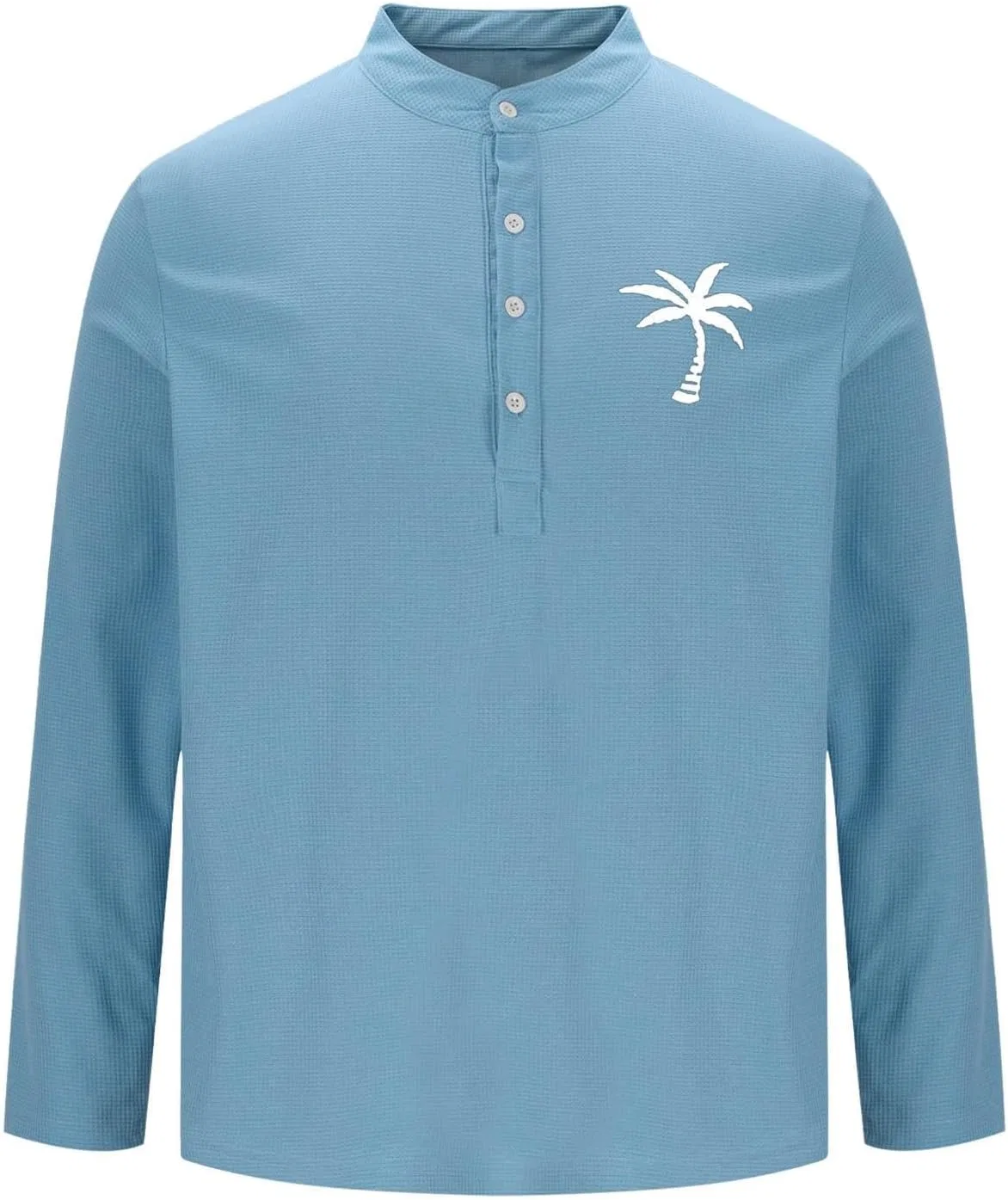Поло для мужчин с длинным рукавом, Coconut Tree Print, вафельная вязка, синий — фото 3