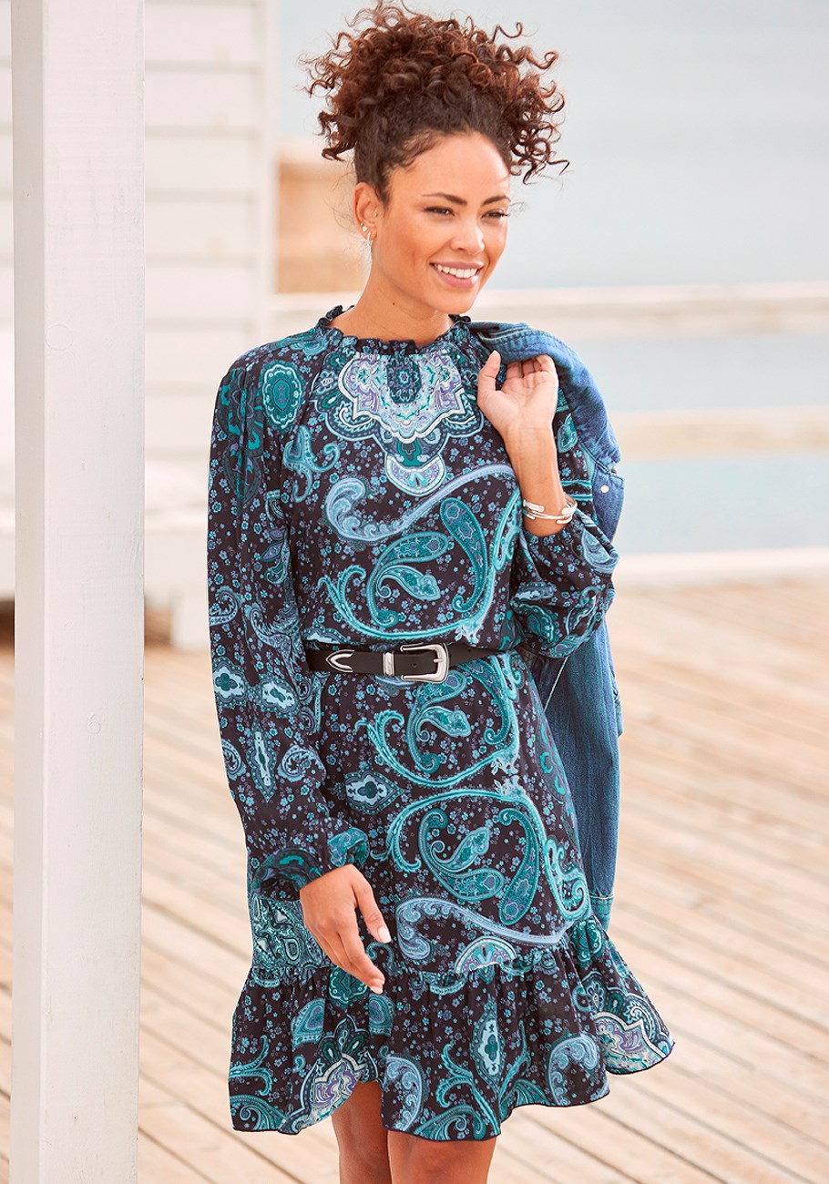 

LASCANA Женское платье с высоким воротом и узором пейсли, цвет blue-patterned