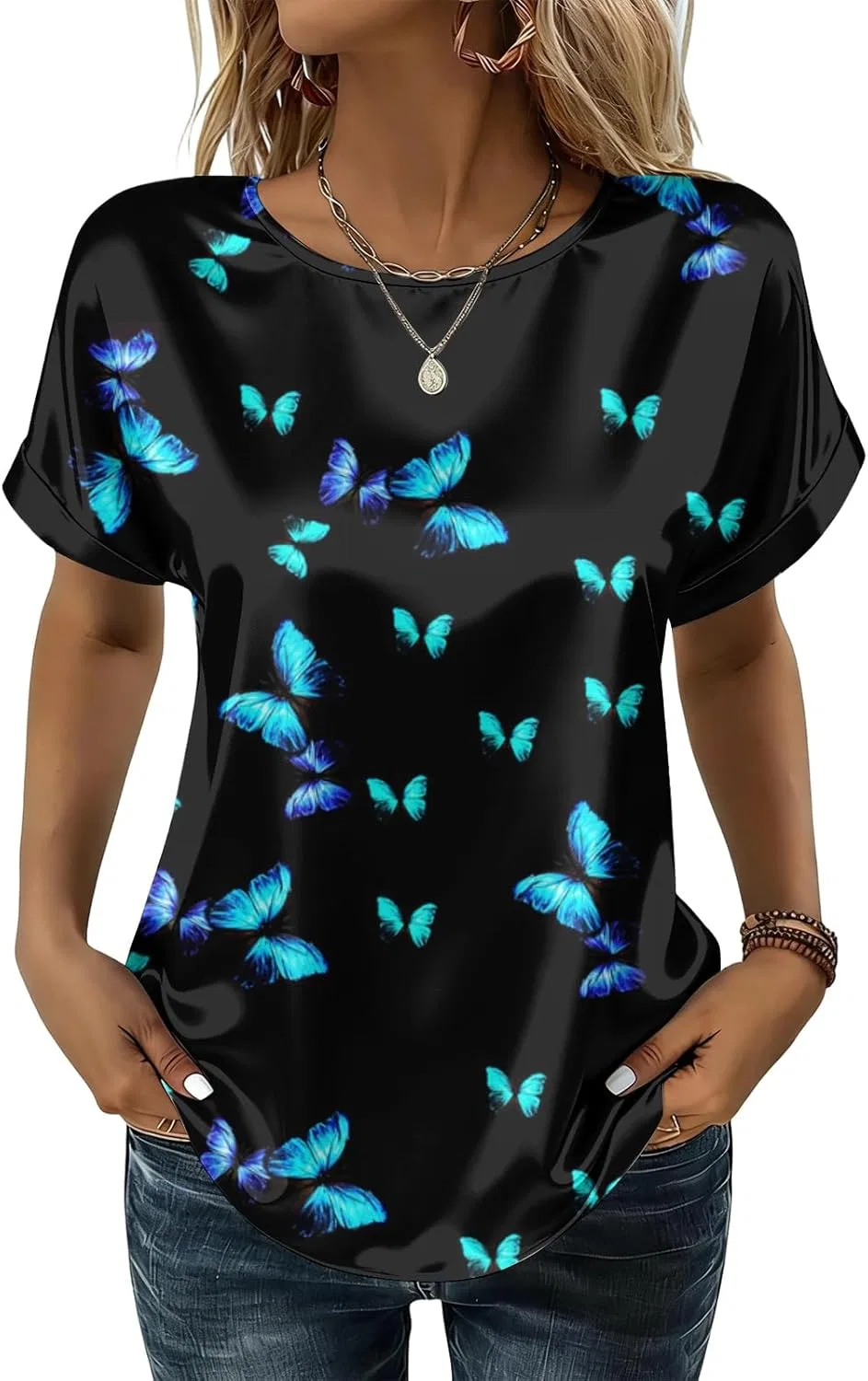 Блуза женская из атласа, короткий рукав, Sky Blue