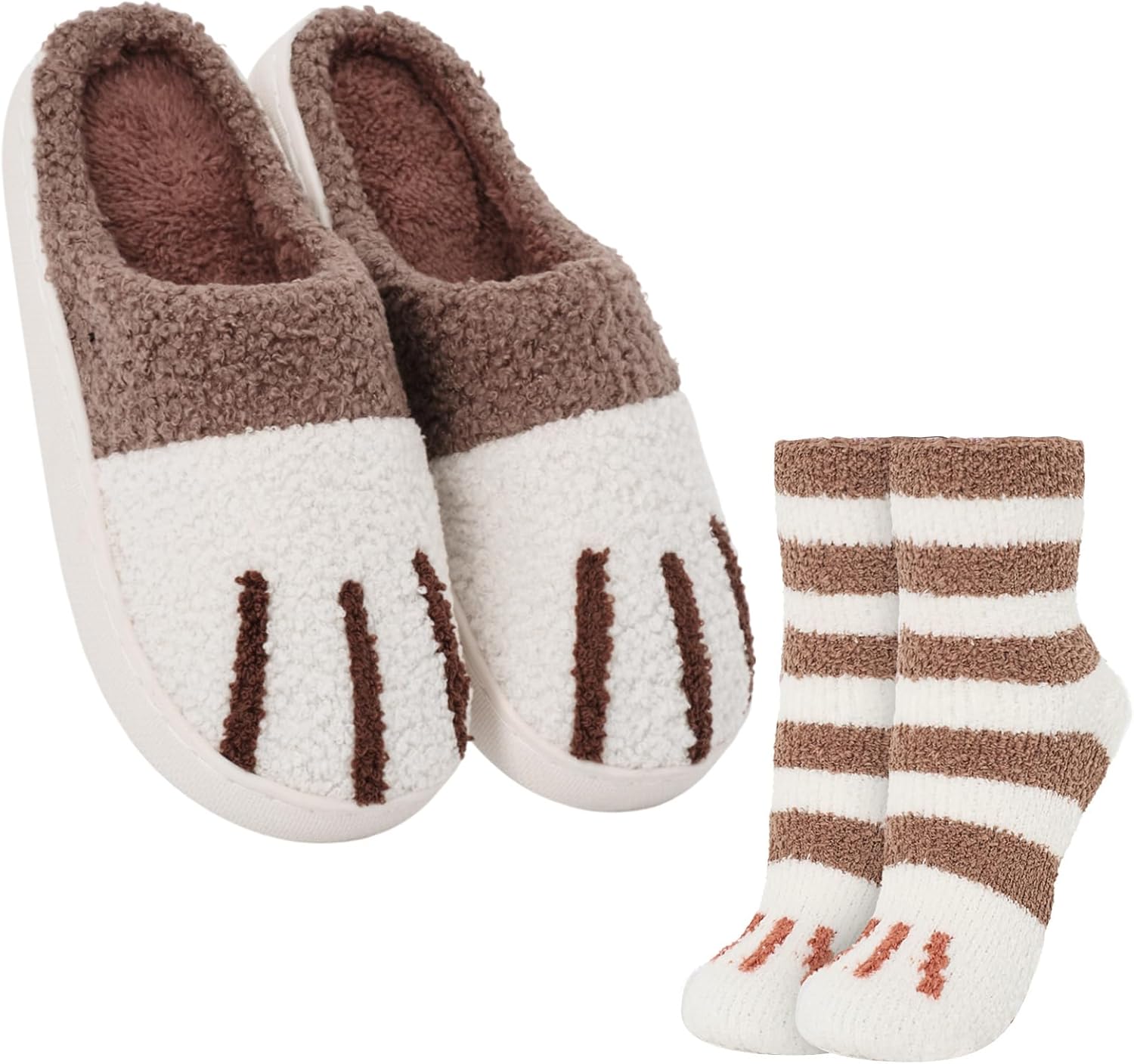 

JaGely 2 пары рождественских тапочек с кошачьими лапками и пушистых полосатых носков для женщин и мужчин, милые плюшевые тапочки-носочки в виде кошачьих лап, подарок, коричневый