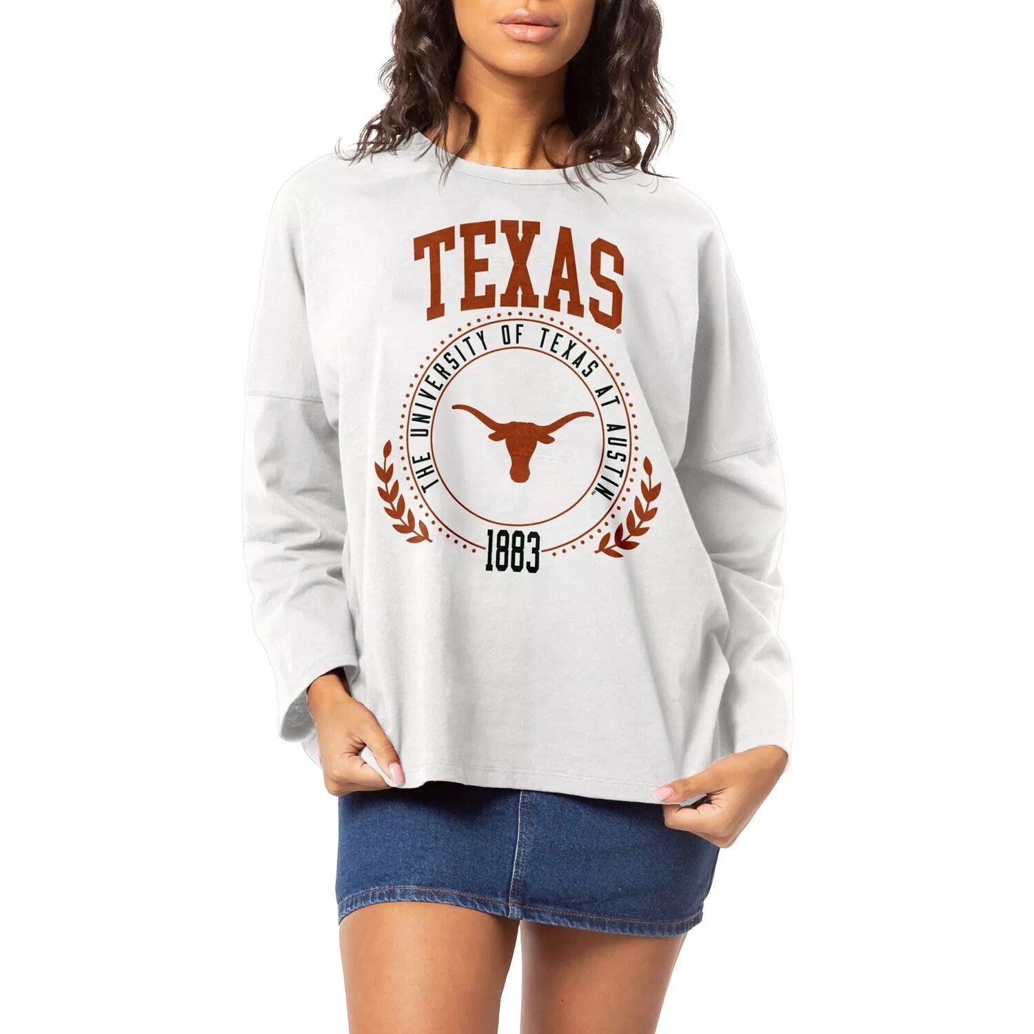 

Женская лига университетской одежды, белая футболка Texas Longhorns Clothesline, объемная футболка с длинными рукавами, Белый, Женская лига университетской одежды, белая футболка Texas Longhorns Clothesline, объемная футболка с длинными рукавами