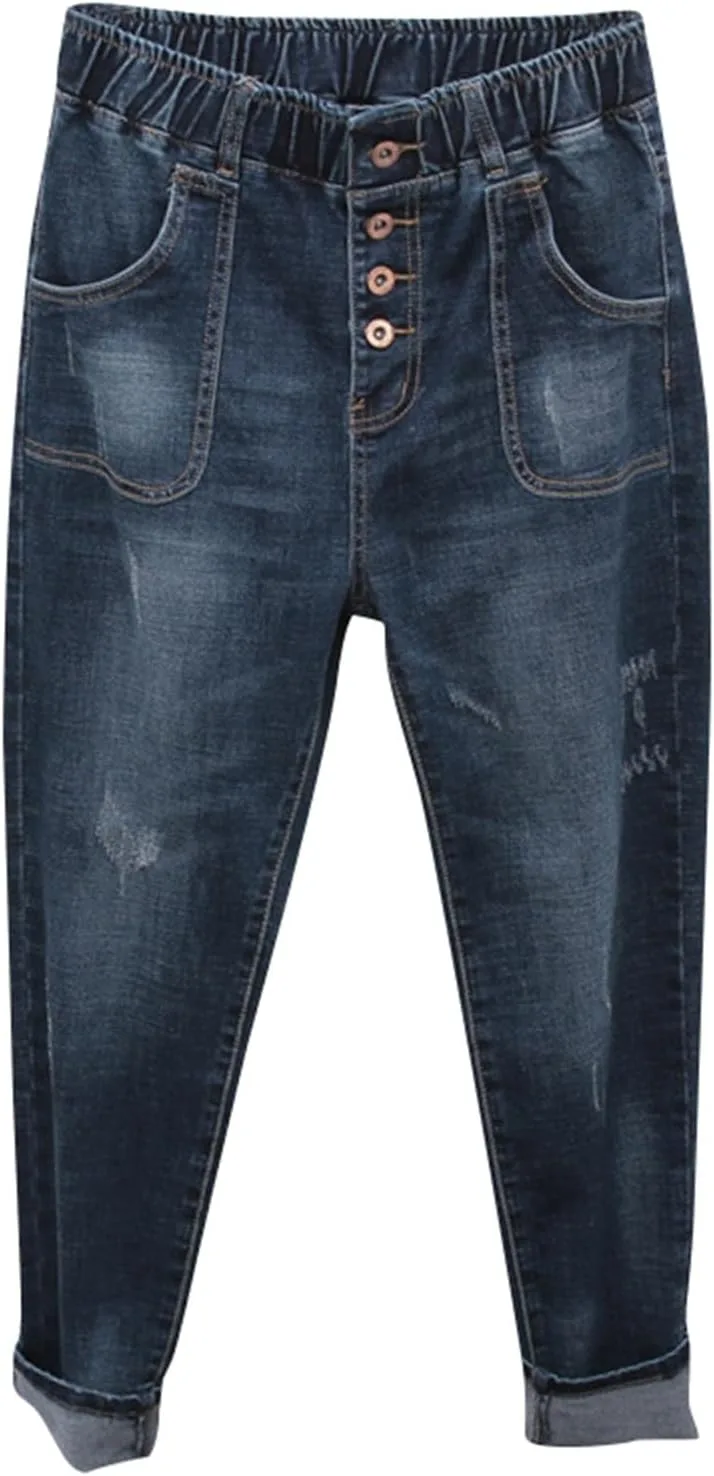 

Женские джинсы-джоггеры с эластичным поясом и завязками