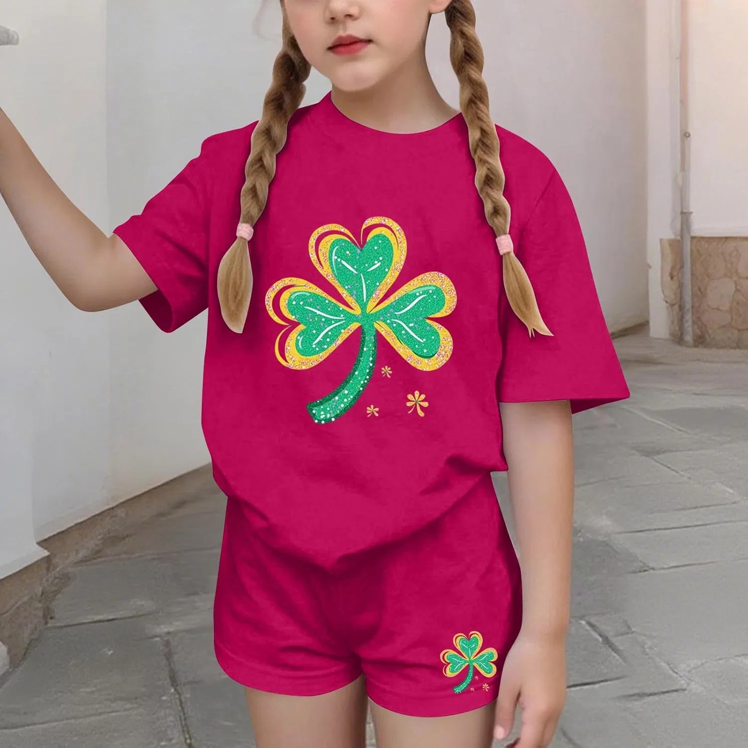 Детский комплект из футболки и шорт с принтом клевер, Zzalalana, Hot Pink — фото 2