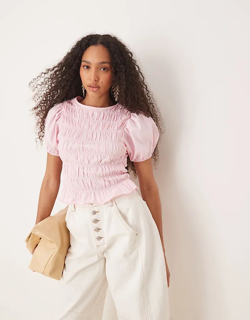 

Хлопковый топ ASOS DESIGN с гофрированной юбкой, баской и рукавами-буфами нежно-розового цвета